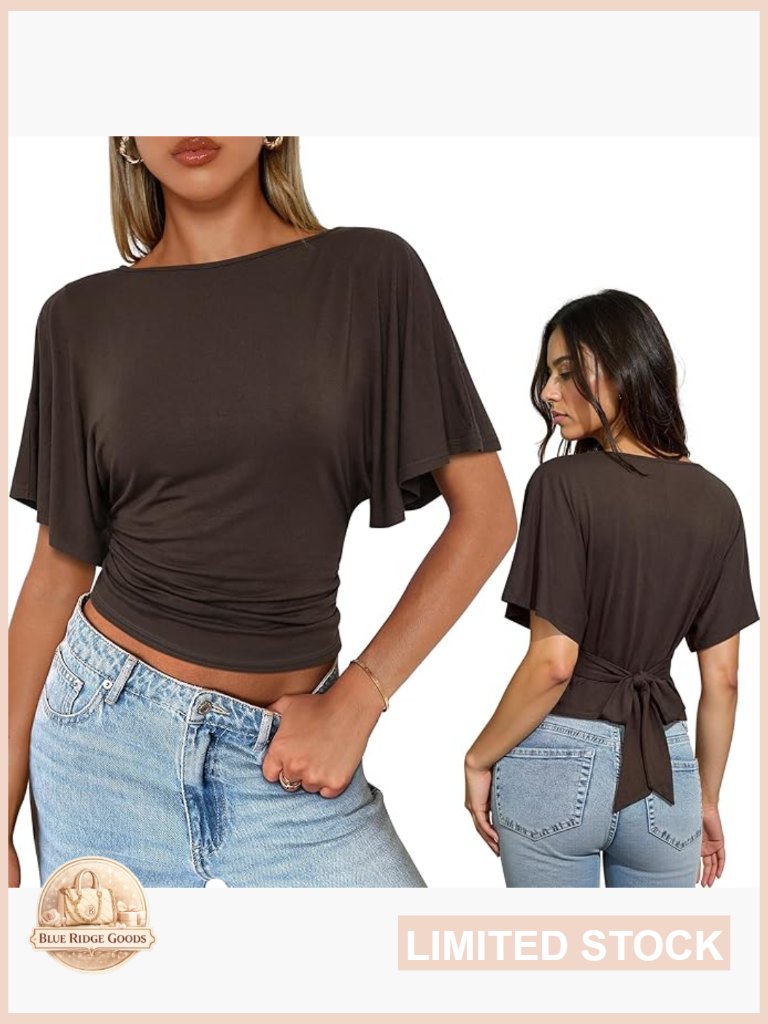 Flutter Sleeve Blouse Tie Back Waist Boat Neck Elegant Summer Casual Top